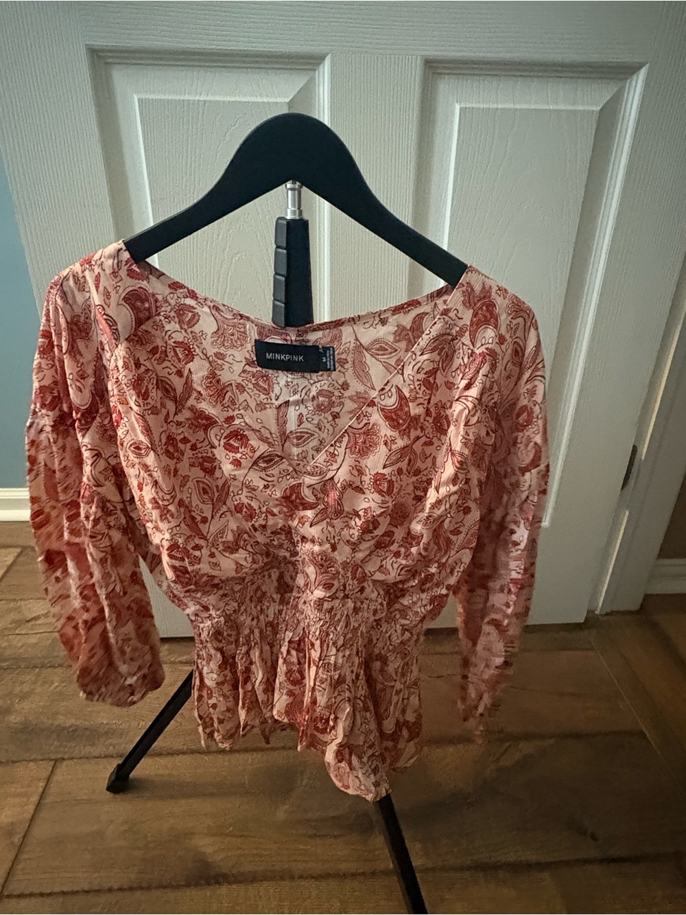 MINKPINK Rose Print Smocked Waist Peasant Blouse